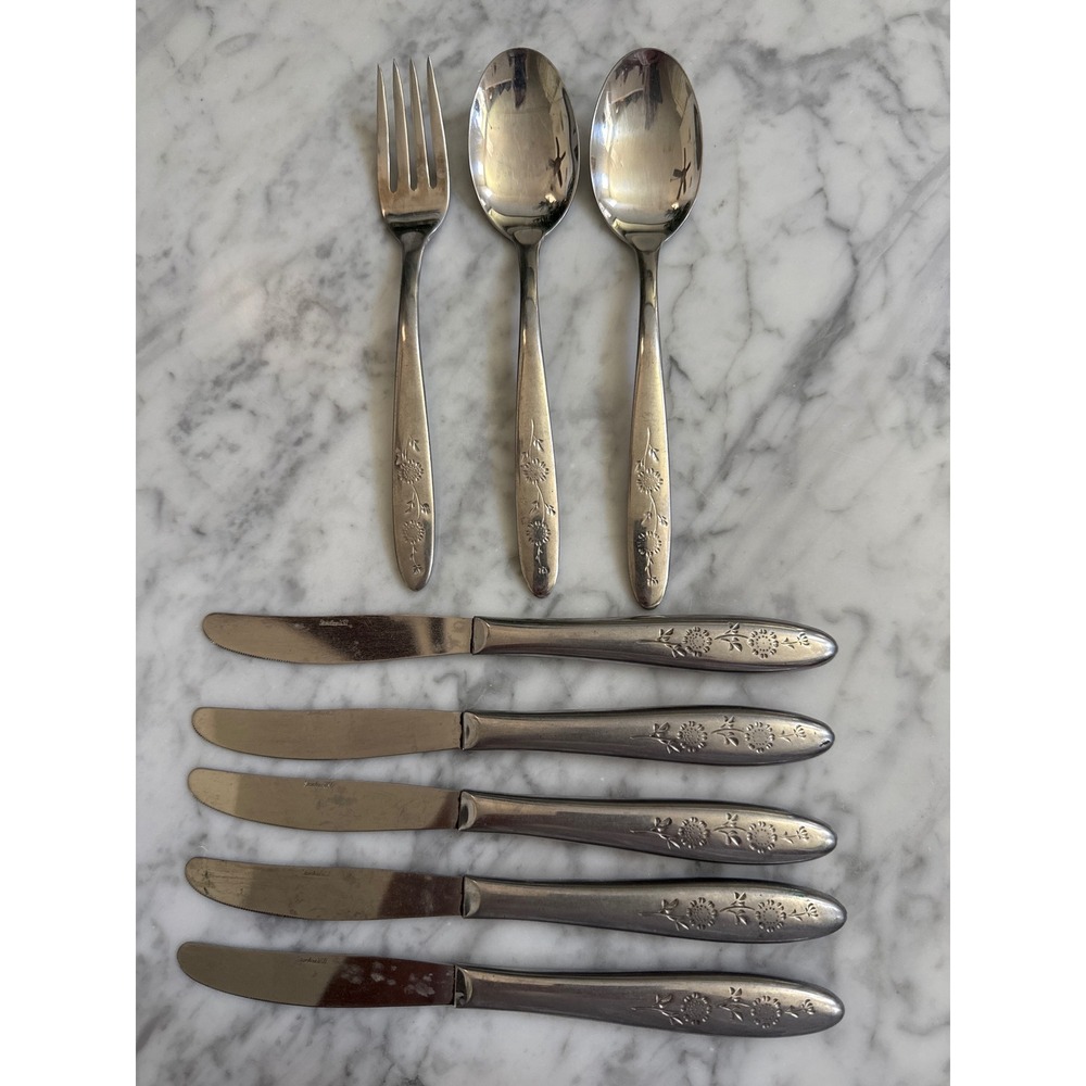 Vintage Sears Wood Dale Stainless Flatware 8pc Set Floral Daisy USA Mixed Lot